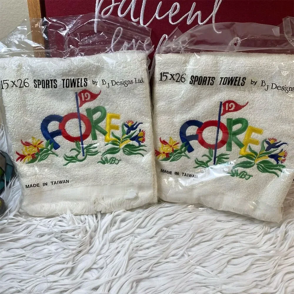 Set of 2 Vintage FORE Golf Sports Towels by BJ Designs Ltd Multicolor Retro